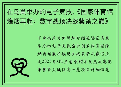 在鸟巢举办的电子竞技;《国家体育馆烽烟再起：数字战场决战紫禁之巅》